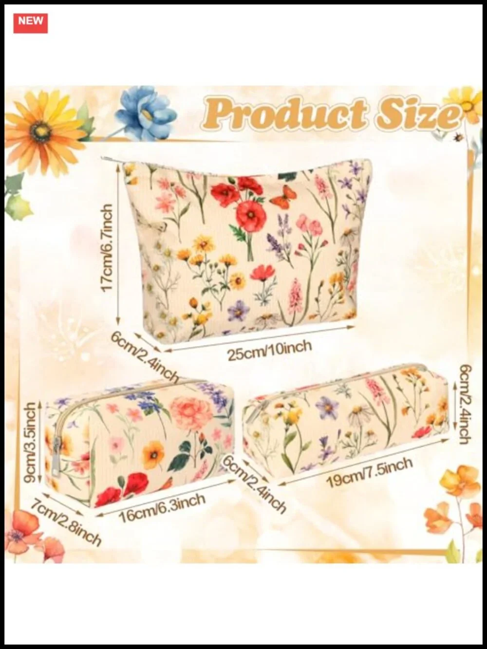 3 Piece Corduroy Floral Makeup Bag Set with Zipper for Travel or Storage